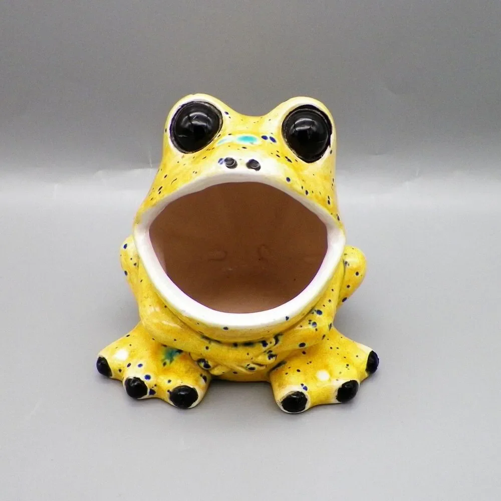 Vintage Wide Mouth Ceramic Frog Speckled Yellow Kitchen Sponge Holder Handmade